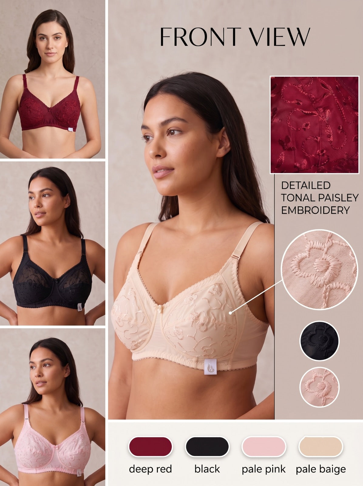 Embroidered Cotton Bra – Skin, Baby Pink & Maroon \Black (Pack of 3)