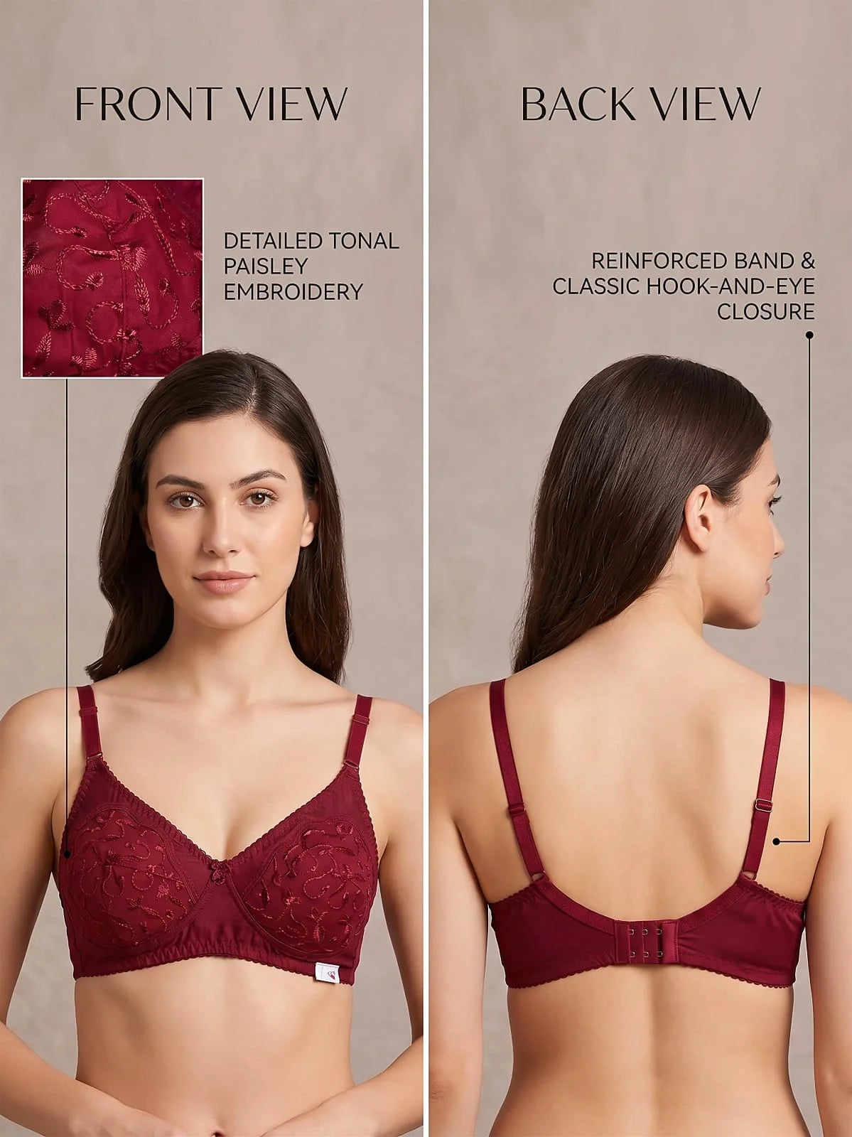 Embroidered Cotton Bra – Skin, Baby Pink & Maroon \Black (Pack of 3)